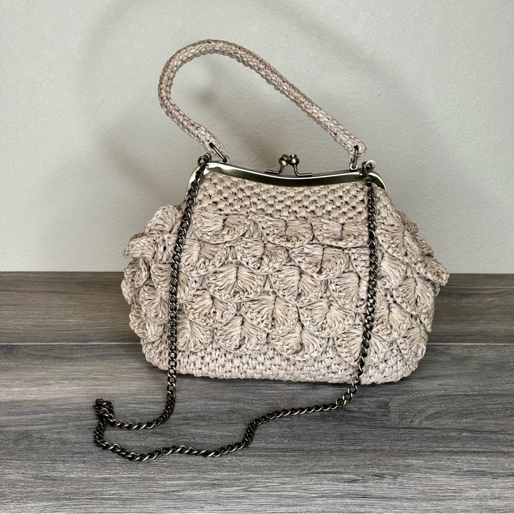 Patricia Nash Scalloped Raffia Collection Natural White Laureana Frame Satchel - Picture 16 of 16